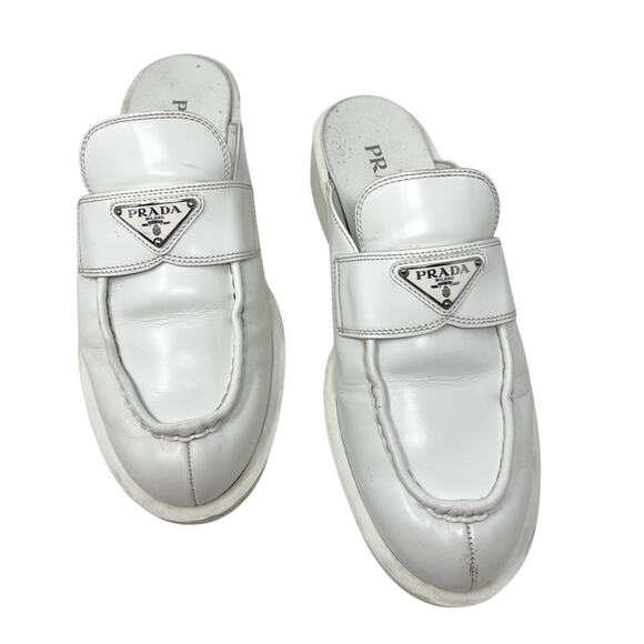 Prada Spazzolato Brushed Leather White Triangle Logo MulesSize 41